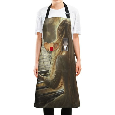 WOBOGO Blonde Lass Playing The Piano Long Apron Waterdrop Resistant with 2 Pockets Cooking Kitchen Chef Apron for Women Men