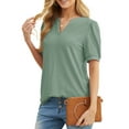 thumbnail image 3 of JWD Womens Shirts Casual V Neck Tshirts Puff Short Sleeve Summer Tops Tunic Blouses Dark Green M, 3 of 6