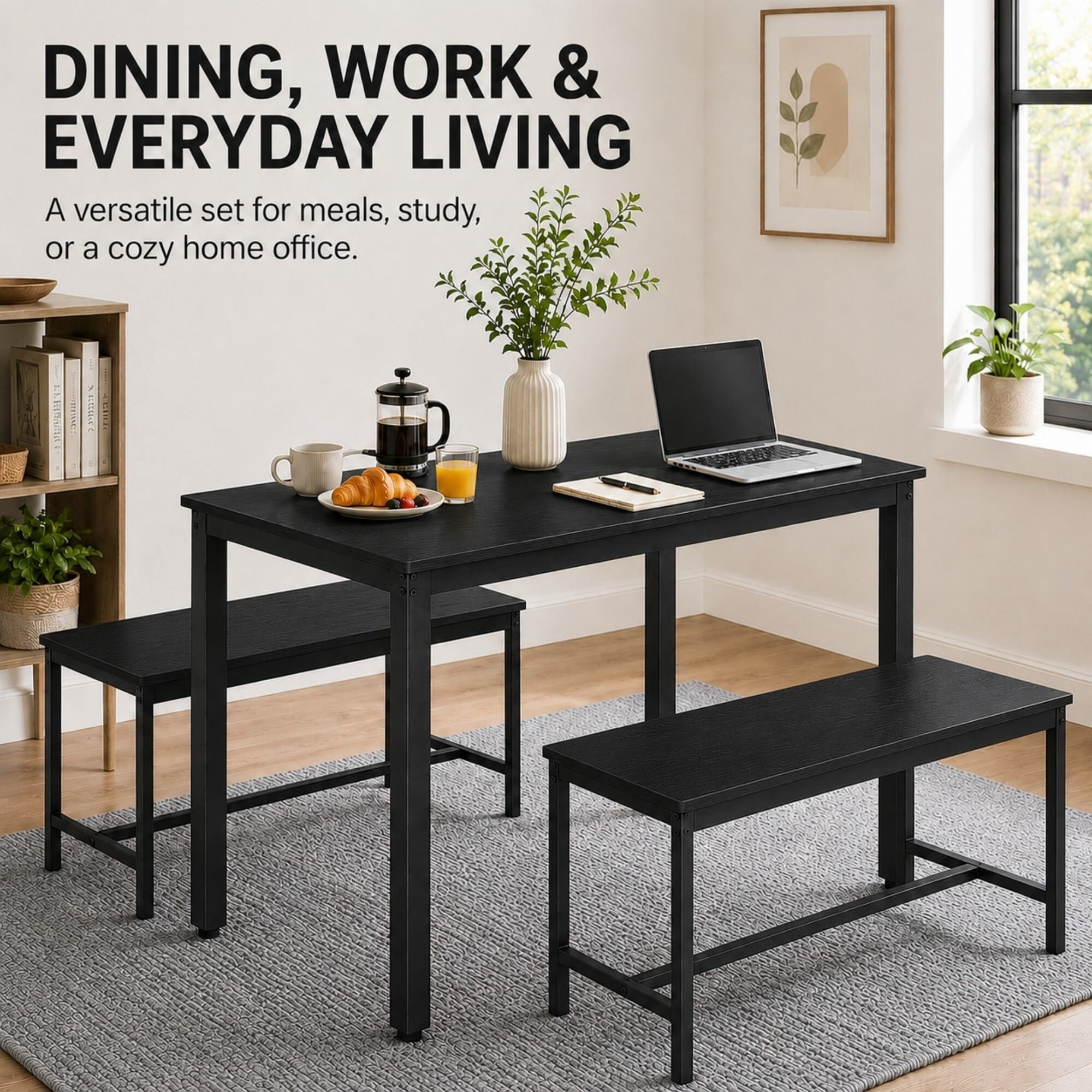 DEALTOPS 3-Piece Industrial Dining Table Set with 2 Benches – Compact Kitchen & Small Space Furniture, Black