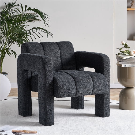JERFIT Modern Boucle Accent Chair, Plush Upholstered Lounge Chair with Solid Wood Frame for Living Room, Bedroom, Office - Dark Grey