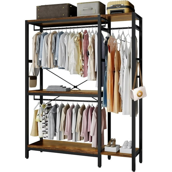 Clothes Rack, Heavy Duty Garment Rack for Clothes, Clothing Racks with Shelves and 4 Side Hooks, Freestanding Metal Wooden Closet Organizer, Wardrobe Storage Rack, Brown