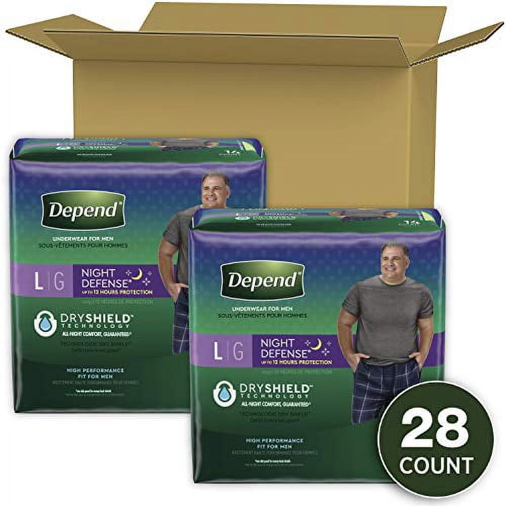 Depend Night Defense Incontinence Underwear for Men, Overnight, Disposable, Large, 28 Count (2 Packs of 14) (Packaging May Vary)