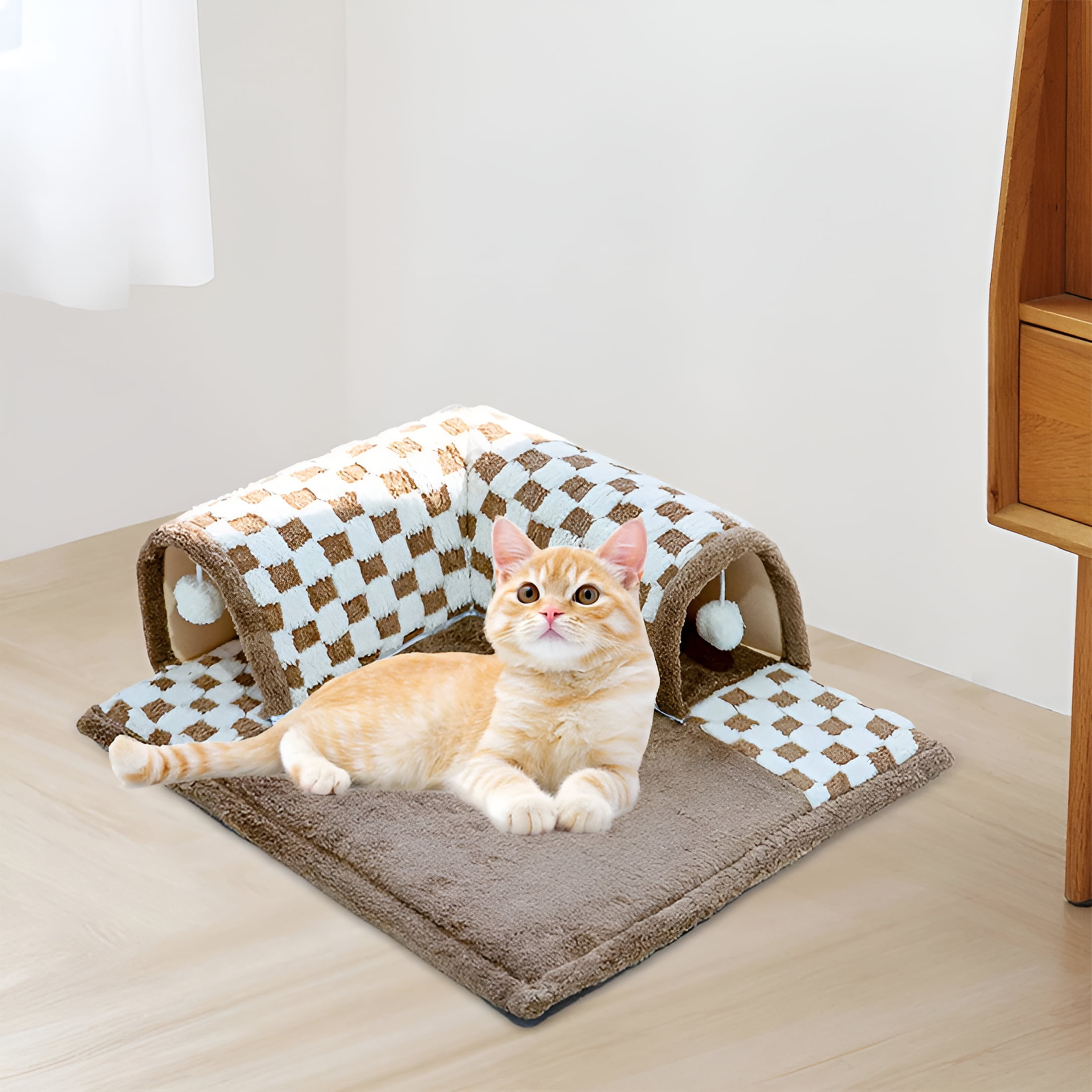 XIBUFE 2026 New 2 in 1 Cat Bed Play Tunnel Cats Play Mat with Playing Ball Toys Kitty Training Play Center Interactive for Indoor Cats Rabbit Brown M Ball Pit for Cats