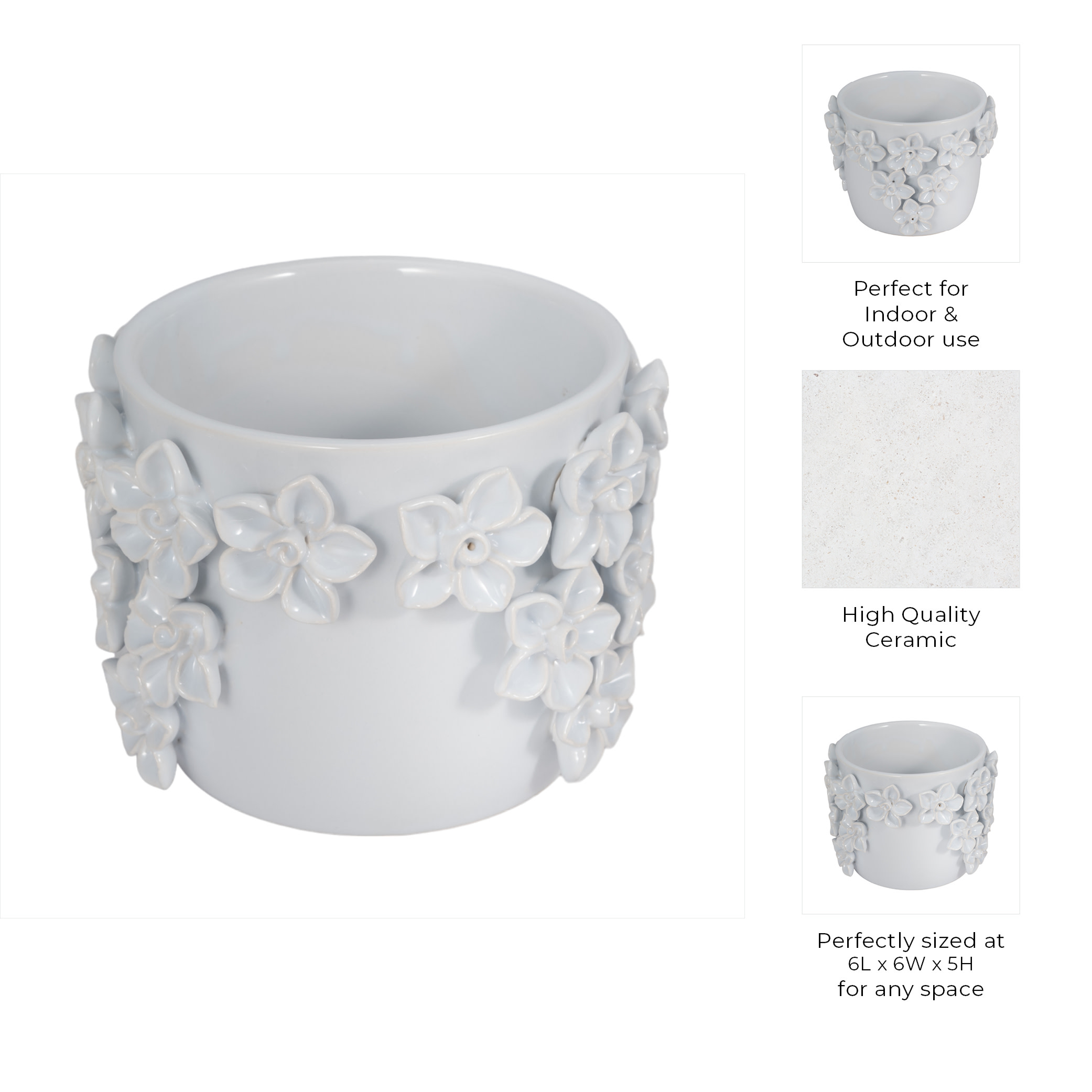 Ceramic Floral Planter for Home Decor - Decorative Flower Pot for Outdoor and Indoor Plant Styling - Ideal Plant Pot for Entryway Table, Patio Display, and Living Room Decor - 6", White