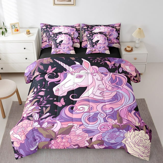YST Filles Unicorn Ensemble de Douillette 7 Pcs, Literie Florale Papillon Rose, Format Simple