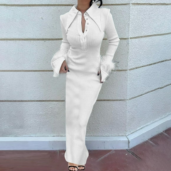 EQWLJWE Feather Knit Bodycon Dresses For Women Trim Long Sleeve V-Neck Maxi Dress Slim Party Elegant Back Split Wrap Long Dress