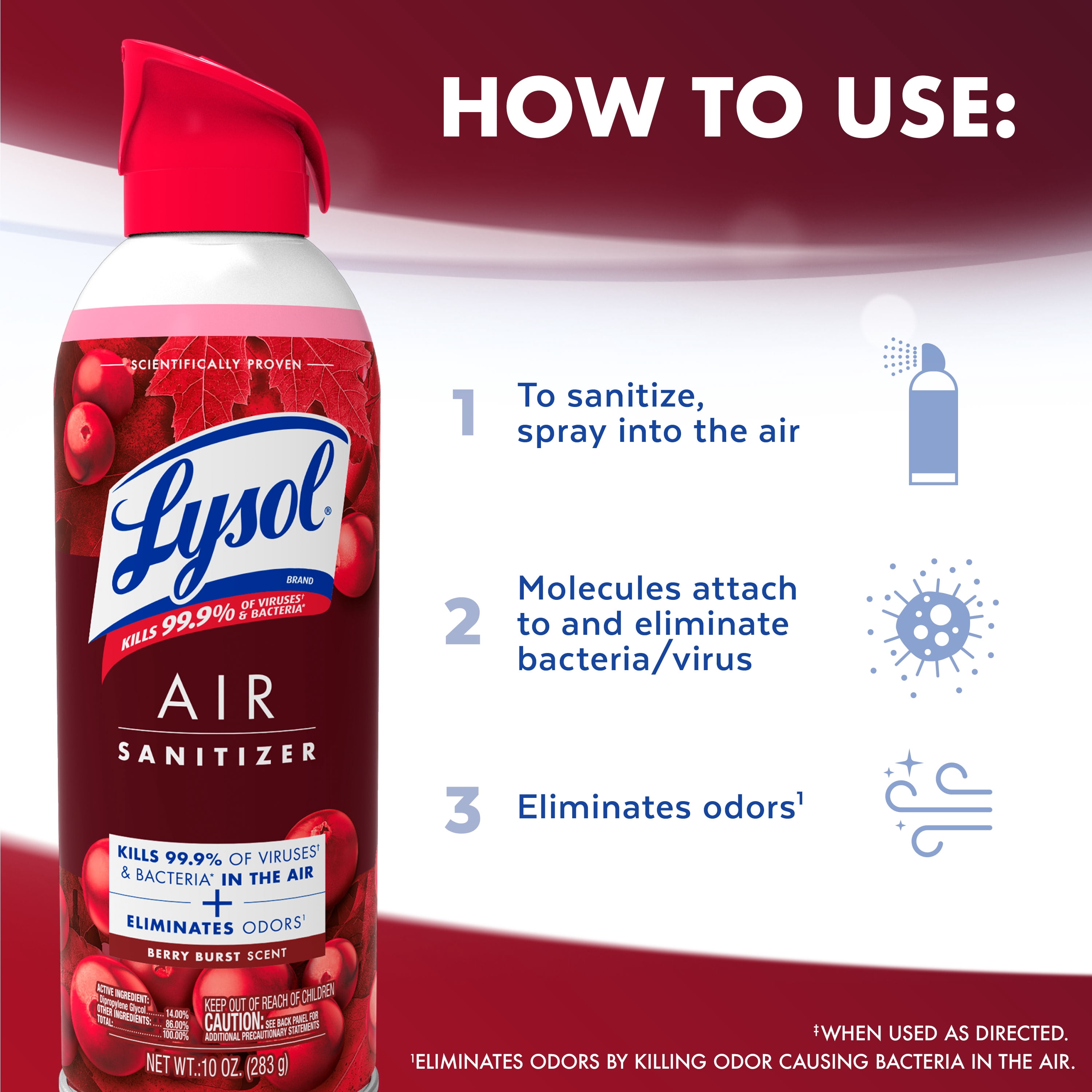 (3 pack) Lysol Air Sanitizer Spray for Air Sanitization and Bacterial Odor Elimination, Air Freshener Alternative, Berry Burst Scent, 10 oz