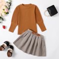 thumbnail image 3 of Kucnuzki 4T Toddler Girl Winter Outfits Skirts Sets 5T Long Bubble Sleeve Solid Color Rib Knitted Top Elastic Houndstoorhs Prints Skirts 2PCS Set Brown, 3 of 9