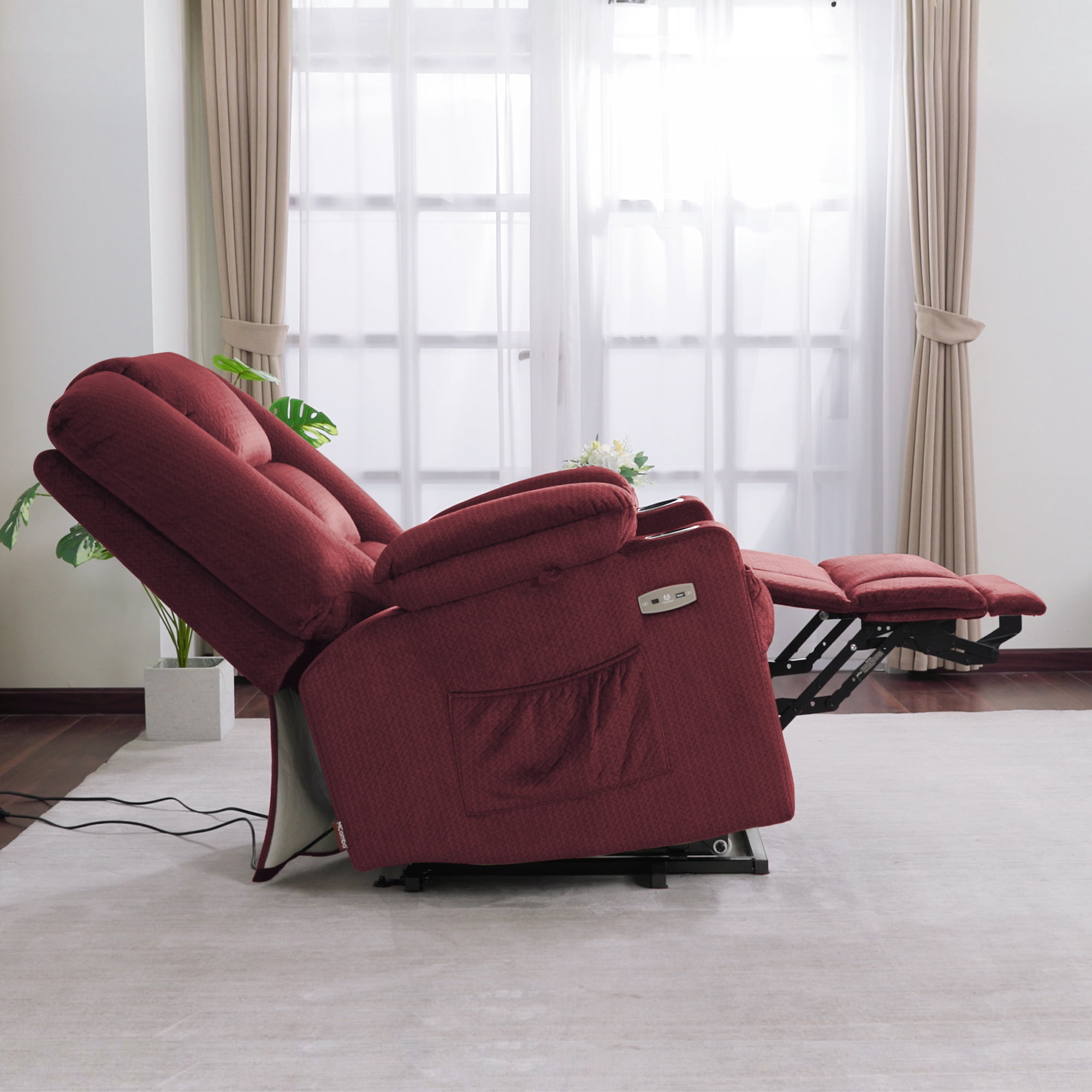 MCombo Large Power Lift Recliner Chair Sofa with Massage and Heat for Elderly People, Extended Footrest, Hand Remote Control, Lumbar Pillow, USB Ports, Fabric 7549 (Large, Burgundy)