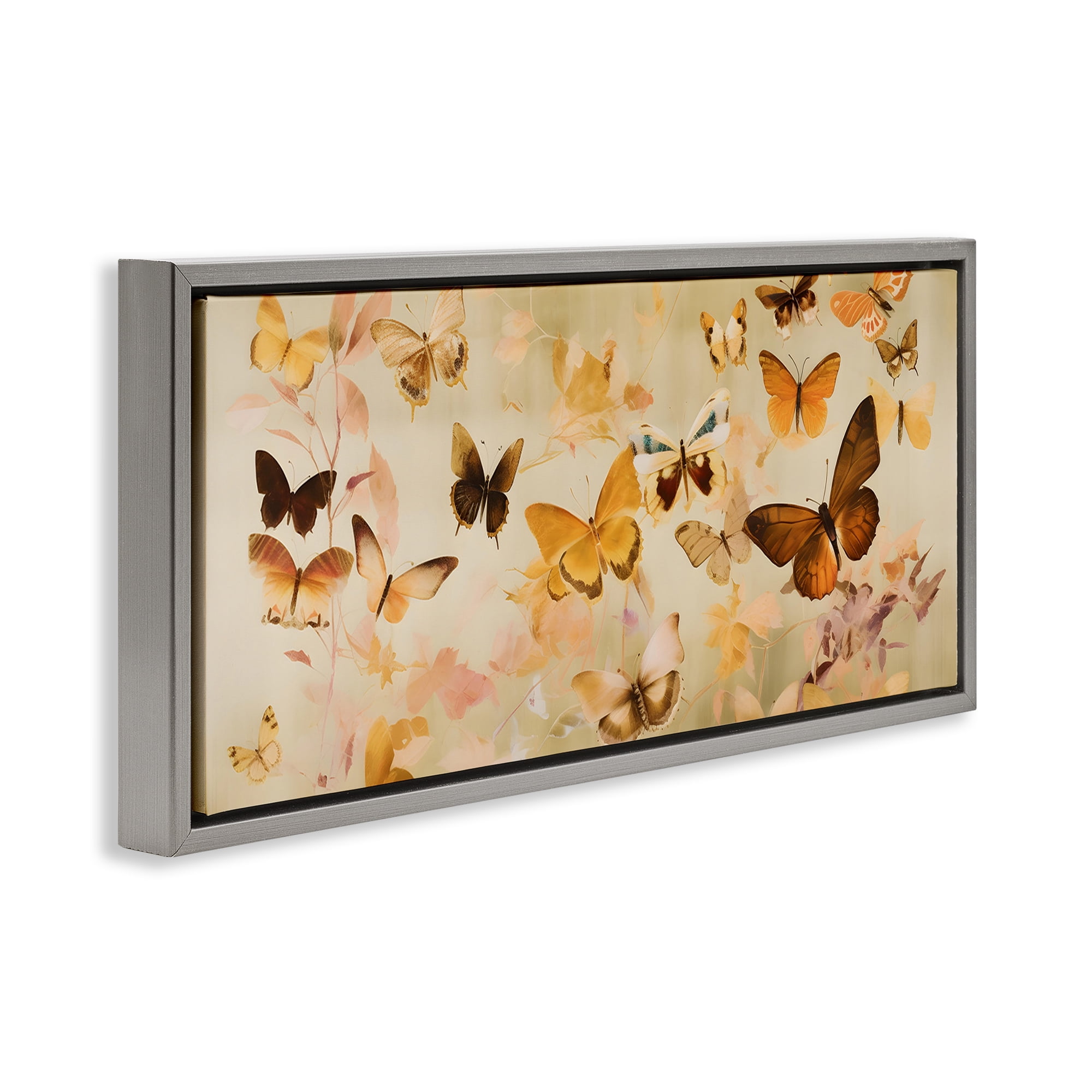 Stupell Industries Neutral Butterfly Array Animals & Insects Painting Gray Floater Framed Canvas Art Print Wall Art, 31 x 14