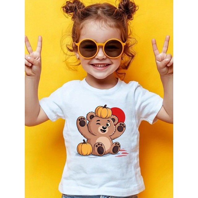 Halloween T-shirt - Soft Stretchy Cotton Short Sleeve Top, Lightweight Summer Casual Tee with Cute Cartoon Design, Round Neck Comfort Fit for Kids, Playful Kids' Apparel, Easy Care Fabric