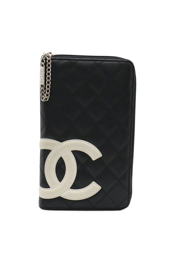 Pre-Owned CHANEL Cambon Line Coco Mark Round Long Wallet with Organizer, Leather, Black, White,...