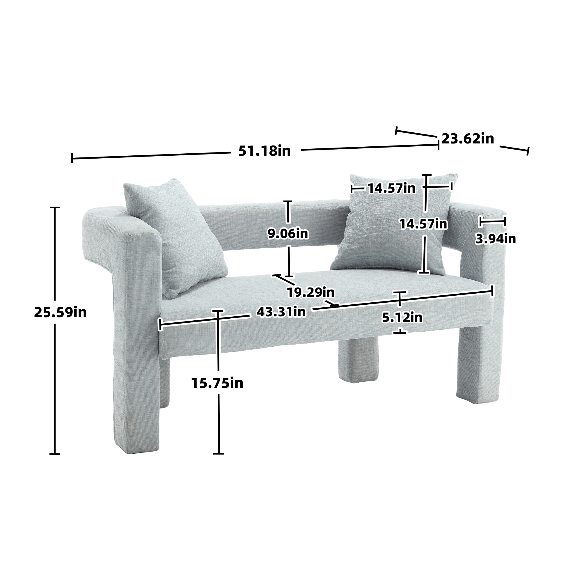 MOONMISS Chenille Upholstered Modern Comfy 2-Seater Loveseat Chair with 2 Pillows-Mint Green