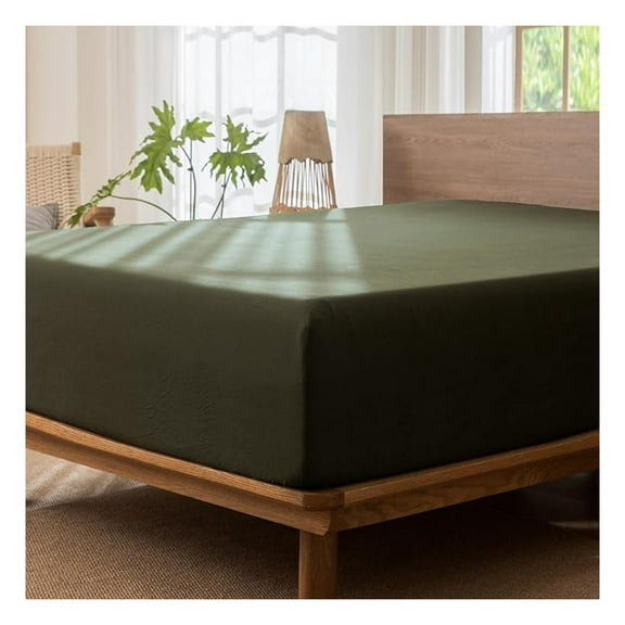 Cotton Linen Fitted Sheet - Queen Olive Green - 100% Washed Cotton, Deep Pocket, Soft & Breathable - Textured Bedding for Comfortable Sleep