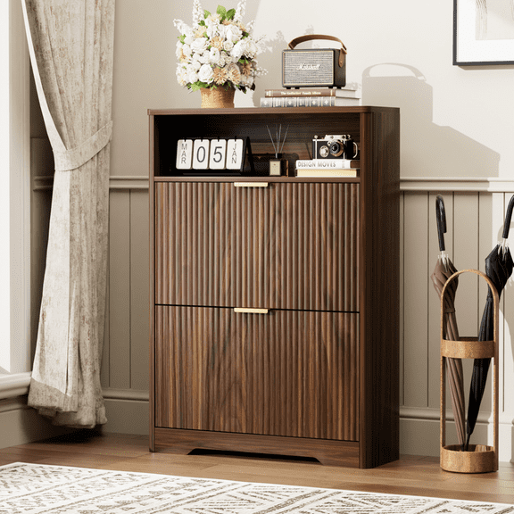40" Tall Shoe Cabinet Storage with 2 Flip Drawers, Hidden Shoes Storage Cabinet with Open Storage, Freestanding Shoe Organizer Rack for Foyer Hallway Entryway, Walnut
