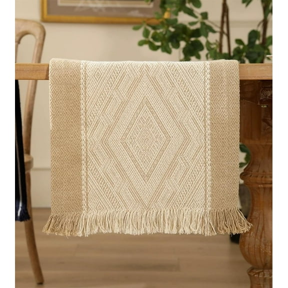 Fennco Styles Diamond Weave Fringe Cotton Blend Table Runner 14" W x 72" L - Beige Geometric Rectangular Table Cover for Boho Décor, Dining Table, Banquets, Family Gatherings