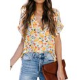thumbnail image 1 of QAFOPEH Women Hawaiian Printed Lapel Collar Short Sleeve Single-Breasted Beach Top, 1 of 5