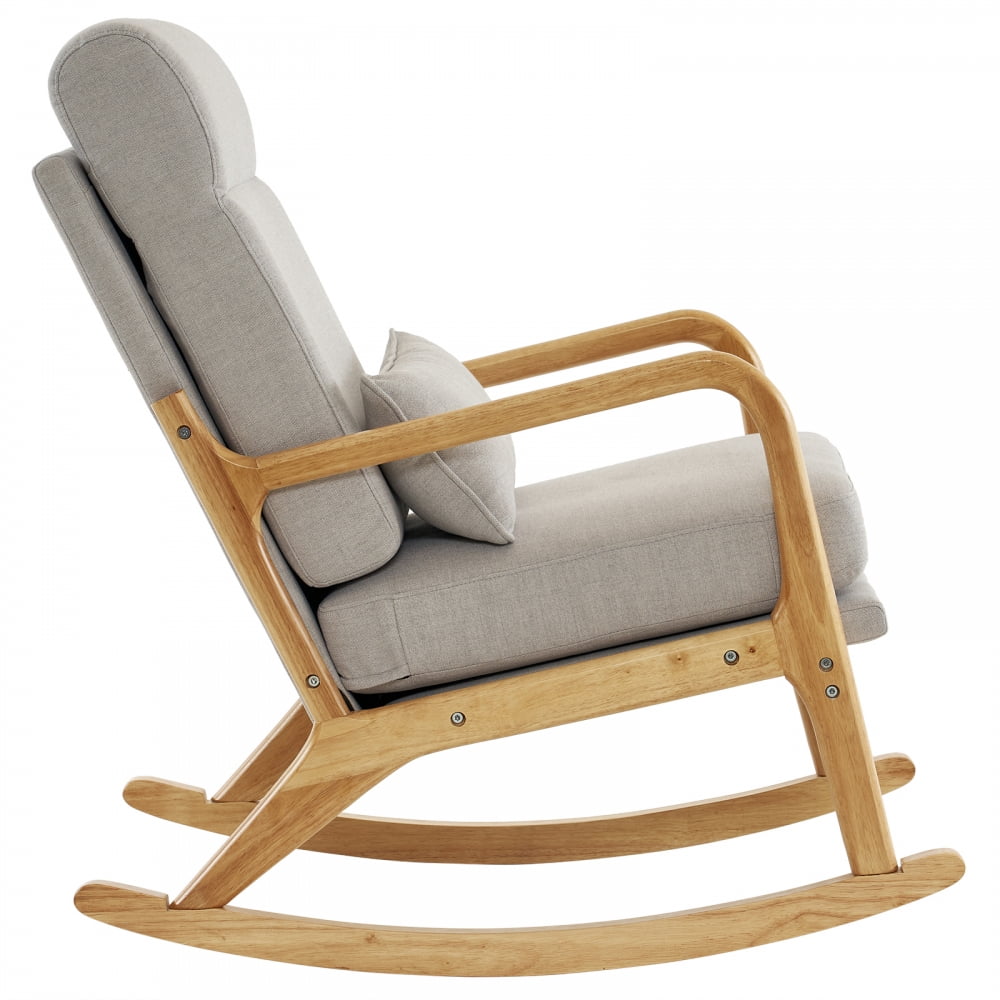 Nursery Rocking Chair Upholstered Chair with Linen Padded Seat & High Back Belt Waist Pillow, Accent Chair Padded Seat Armchair Comfy Side Chair Single Sofa Old Man Chair, Gray