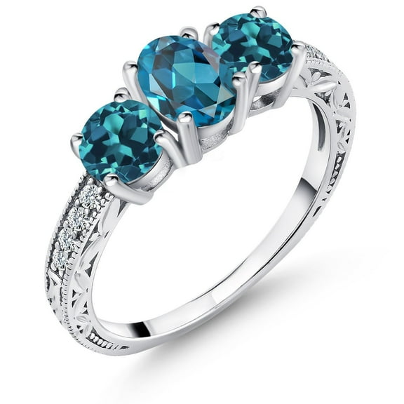 Gem Stone King 2.02 Cttw London Blue Topaz 3-Stone Ring | 925 Sterling Silver | Oval 7X5MM and Round 5MM Gemstone Birthstone | Three Stone Wedding Anniversary Promise Ring for Women (Size 6)