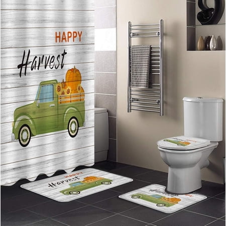 ZHANZZK Happy Harvest 4 Piece Bathroom Set Shower Curtain Bath Rug Contour Mat and Toilet Lid Cover
