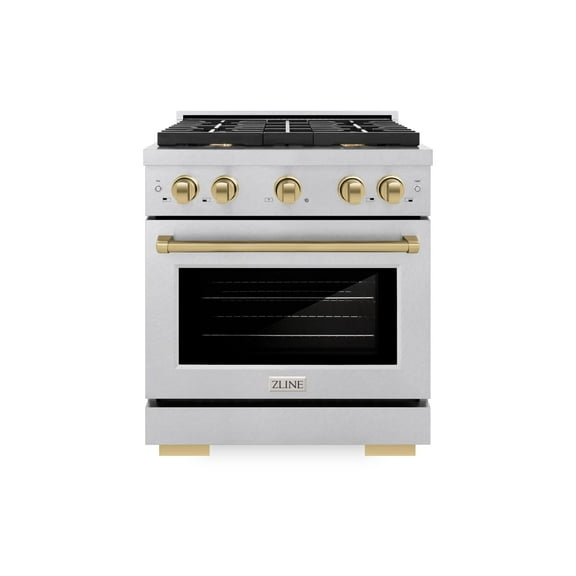 ZLINE Autograph 30" 4.2 cu. ft. Paramount Dual Fuel Range with 4 Burners in DuraSnowÂ® Stainless Steel with Champagne Bronze Accents, SDRSZ-30-CB