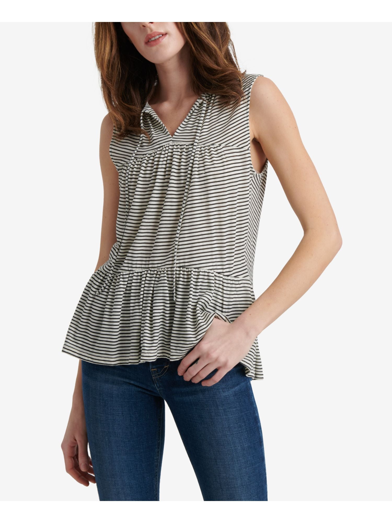 Lucky Brand LUCKY BRAND Womens Black Striped Sleeveless V Neck Top