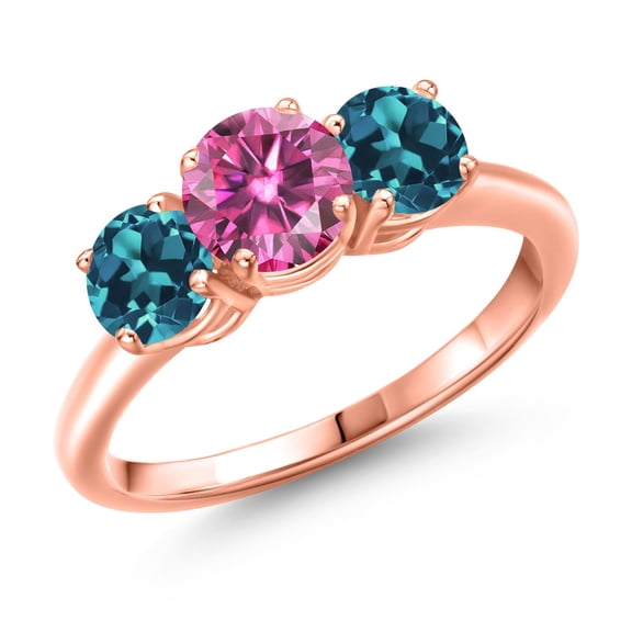 Gem Stone King 18K Rose Gold Plated Silver Pink Moissanite and London Blue Topaz Engagement Ring for Women | 2.20 Cttw | Round 6MM | Gemstone Birthstone | Size 7
