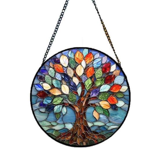 XINcc 6.1-Inch Blue Tree of Life Stained Glass Sun Catcher - Colorful Window Hanging & Wall Art Decor for Home, Window Display Ornament, Perfect Birthday Gift