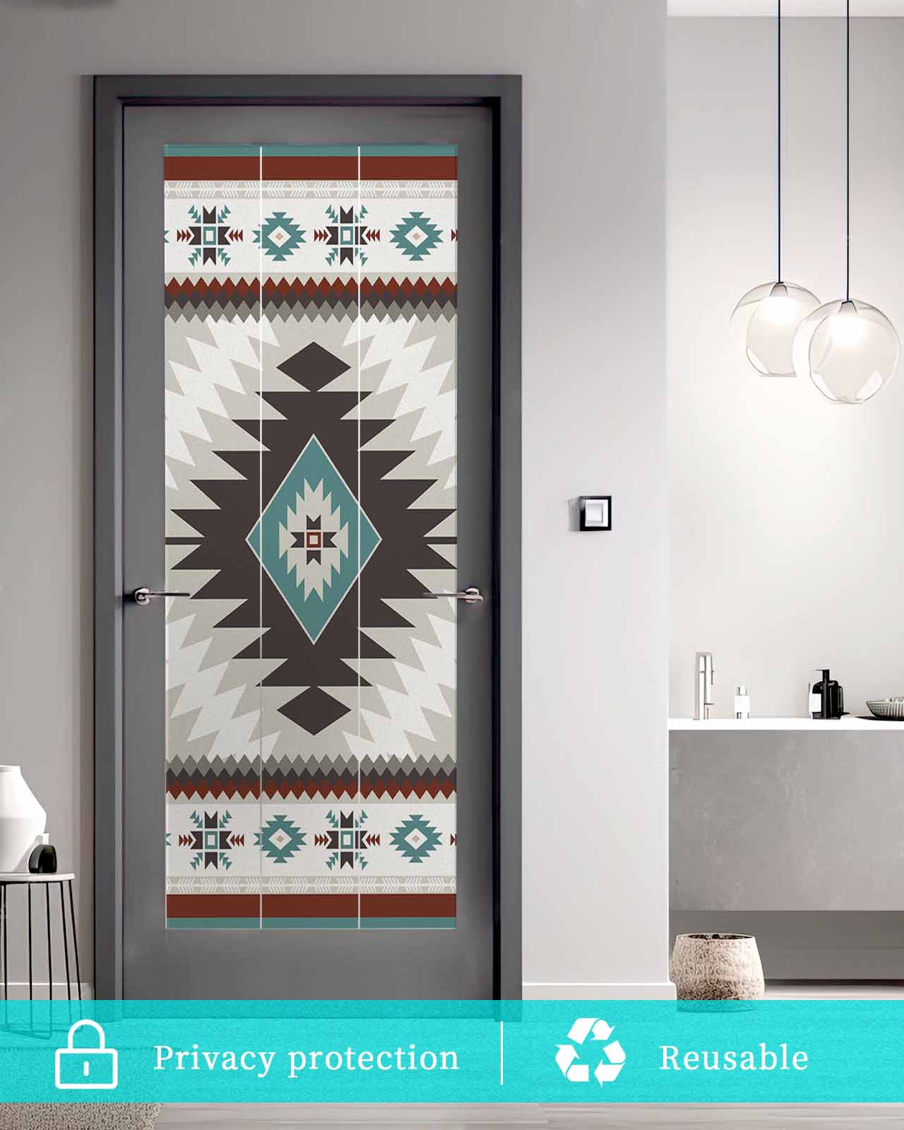 Window Privacy Film Turquoise Gray Boho Stained Glass Window Film Decorative Sun Block Window Cover Southwestern Ethnic Geometric Window Clings Static Adhesive Sticker for Bathroom 19.6"x39.3"