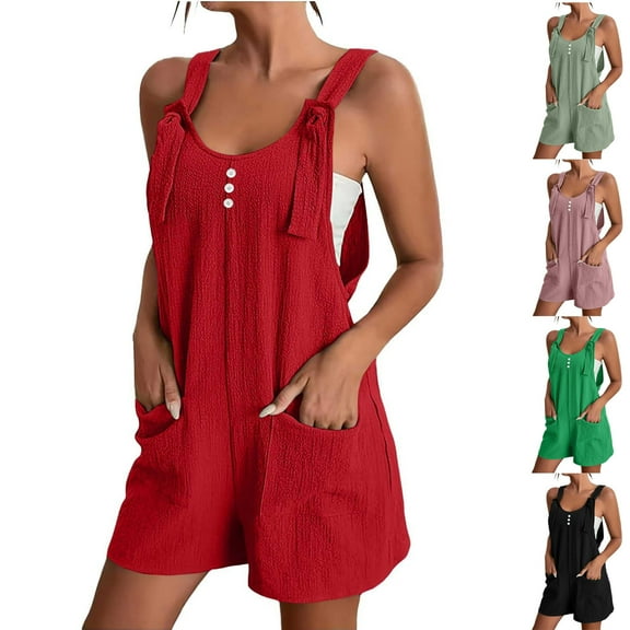 FRSASU Womens Short Jumpsuits Solid Color Summer Casual Button Front Sleeveless Rompers with Pockets Red XL(XL)