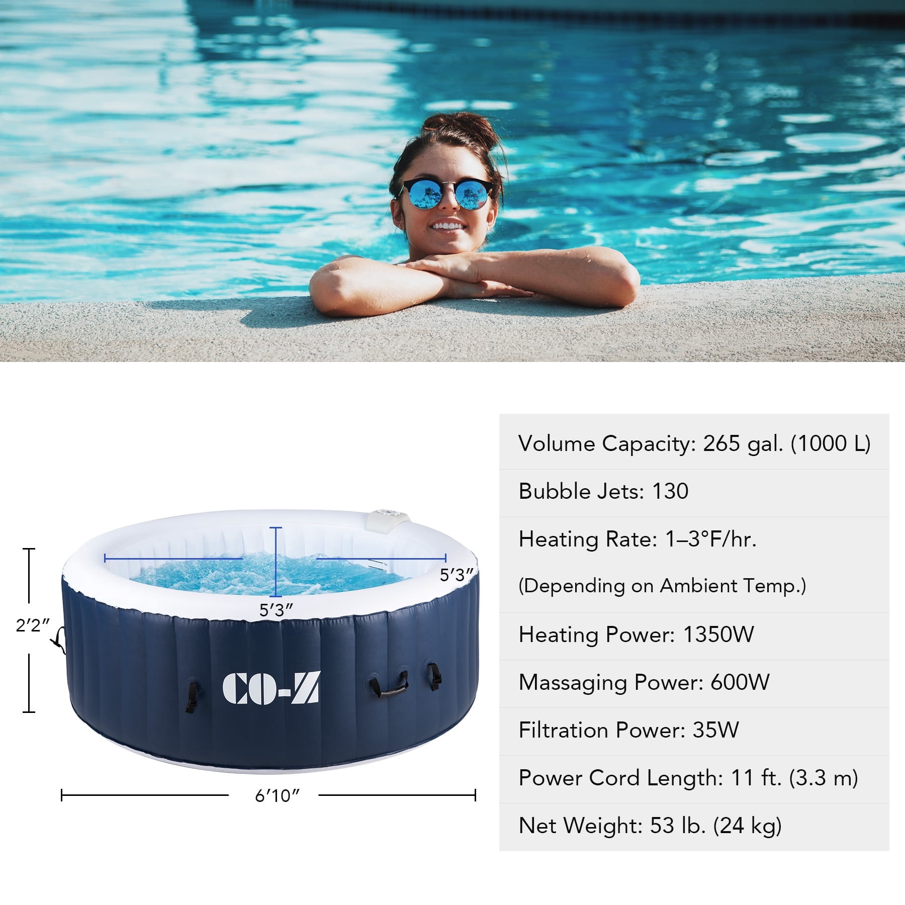 CO-Z 6.8x6.8ft PVC Round Inflatable Hot Tub Portable with Energy Efficient Spa Coverz,140 Air Jets Ideal for 6-person Blue