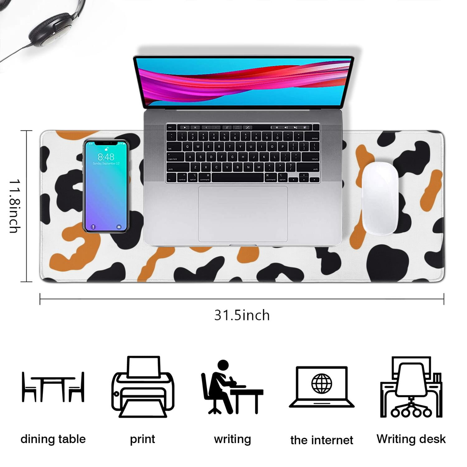 Long Mouse Pads for Desk,White and Orange Of Leopard Print Desk Mats on Top Of Desks, Desk Mouse Pad Extra Large with 3mm Non-Slip Base and Stitched Edge for Gaming,Office,Work,Home 31.5"x11.8"