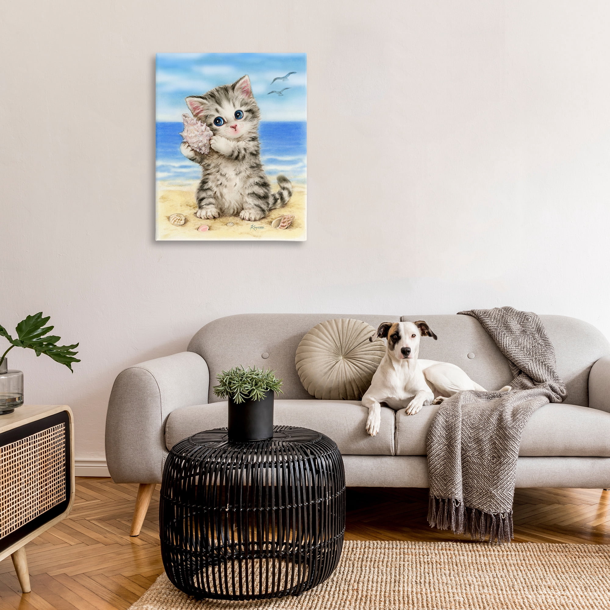 Stupell Industries Kitten with Conch Shell Animals & Insects Painting Gallery Wrapped Canvas Art Print Wall Art, 30 x 40