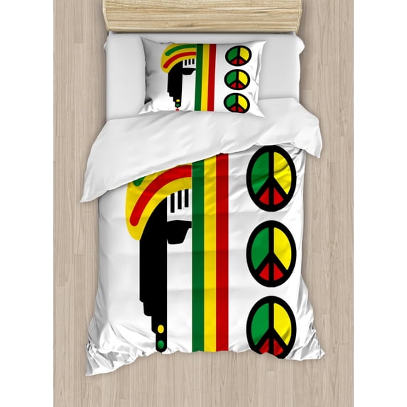 Jamaican Duvet Cover Set Twin Size, Abstract Minimalist Rastaman with Peace Symbols Caribbean Culture Inspired Print, Decorative 2 Piece Bedding Set with 1 Pillow Sham, Multicolor, by Ambesonne