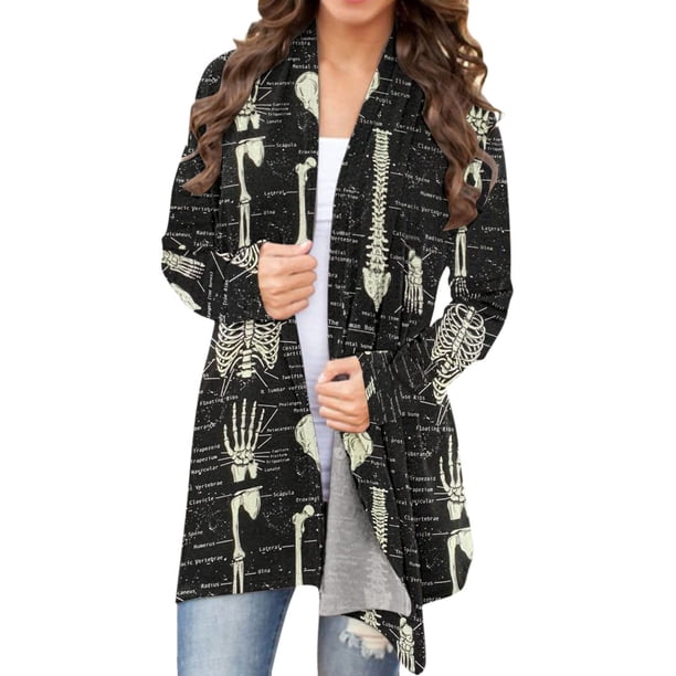 Blusa de cárdigan con estampado de Halloween informal de manga larga para mujer Pompotops qwe21141