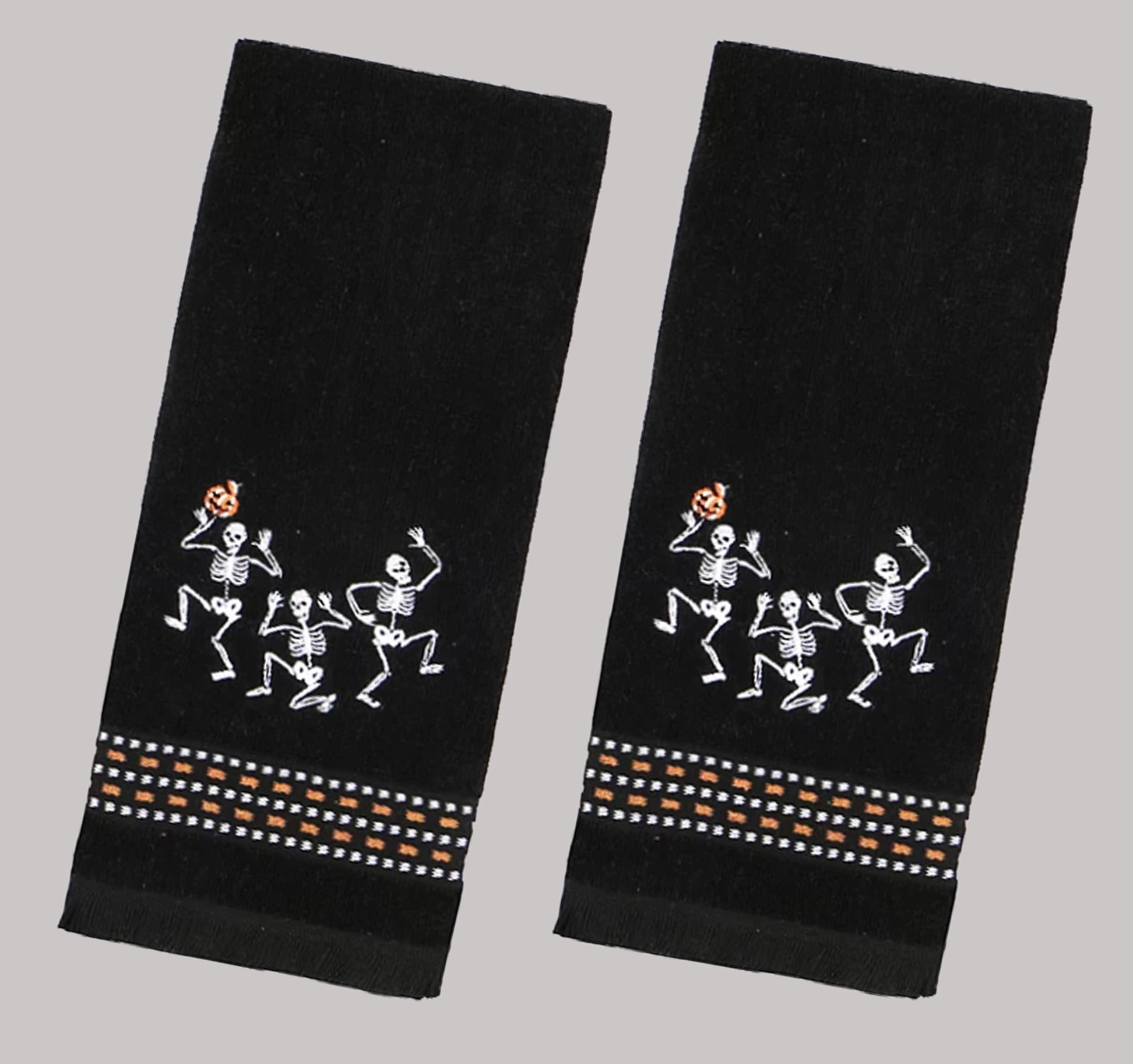 Celebrate Halloween Towels, Black Bath Hand Towel 2 Pack Set Embroidered Skeleton Trio Bathroom