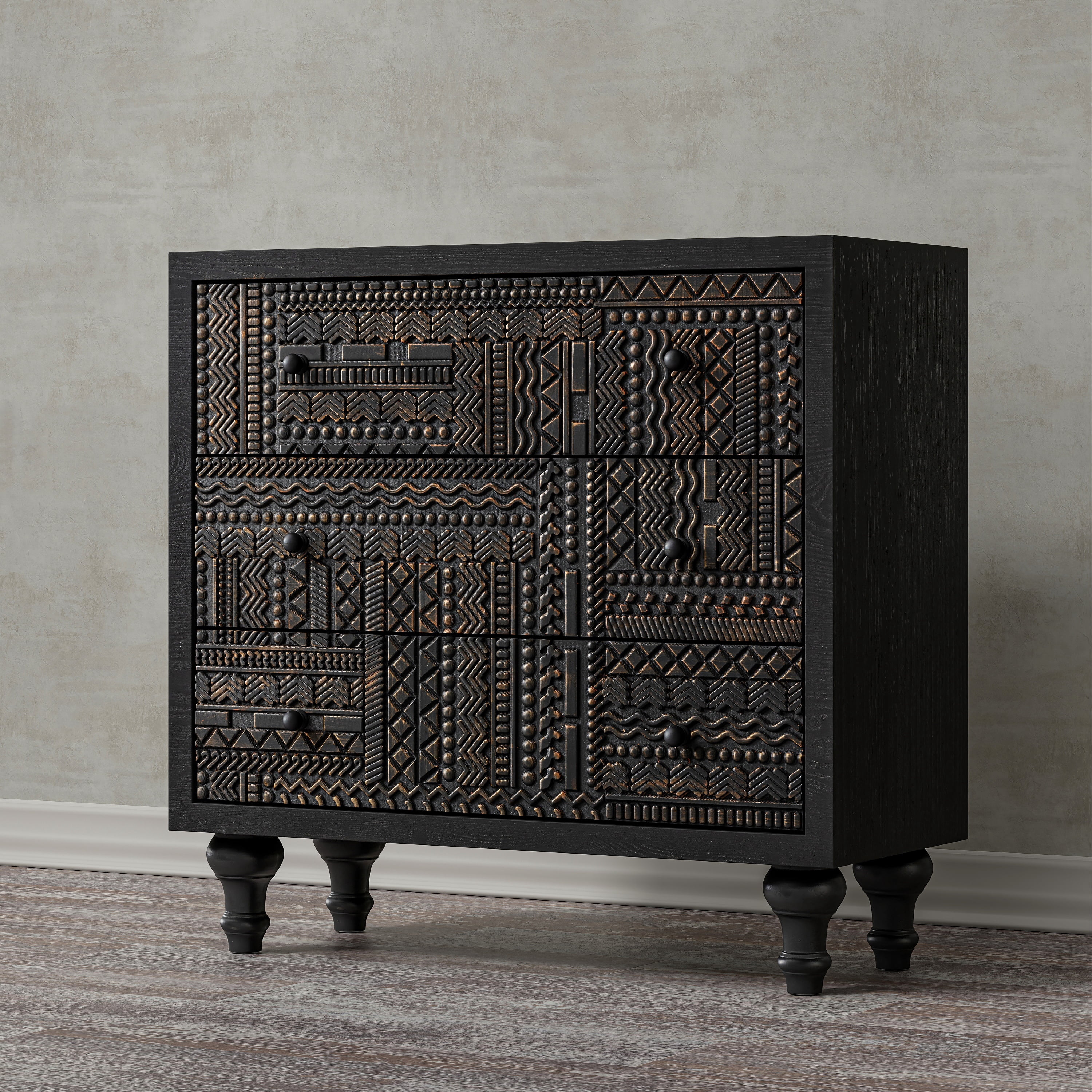 COZAYH 3 Drawer Farmhouse Dresser with Geometric Carved Pattern, Vintage Accent Wood Storage Chest Nightstand for Living Room, Bedroom, Boho, Mid-Century Modern, Black, Fully Assembled