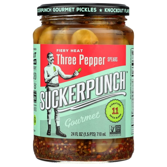 SuckerPunch Gourmet 3-Pepper Fire Pickle Spears 24 Ounce, 2-Pack