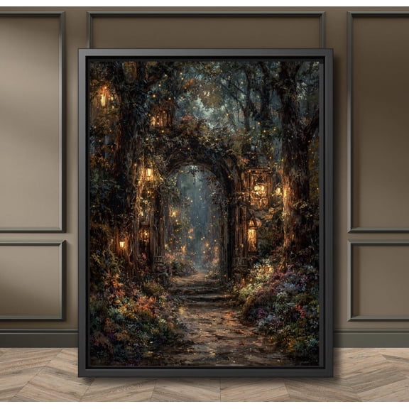 Enchanted Fairy Portal Forest Poster, Mystical Woodland, Vintage Firefly Wall Art, Fantasy Lanterns In Trees Decor, Unframed Poster Size 8x12