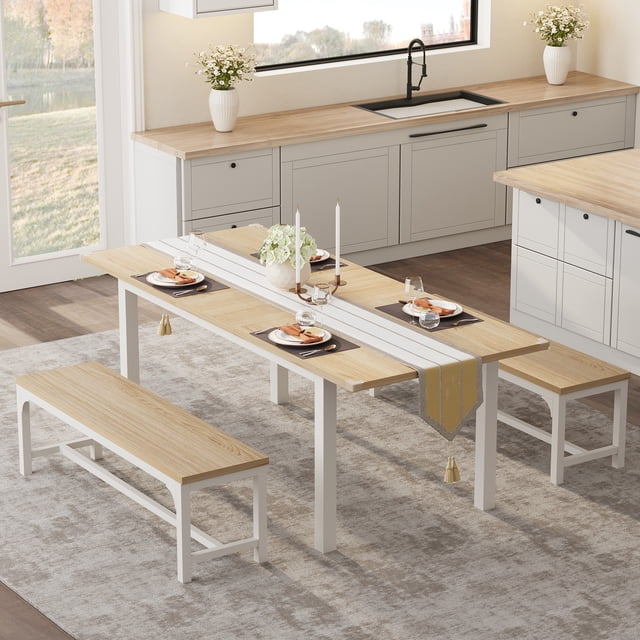 Mesa comedor extensible 120-160 cm, para 4-8 personas, tablero MDF impermeable, marco hierro blanco, ahorra espacio, color madera y blanco, fácil montaje, ideal cocina, comedor u oficina
