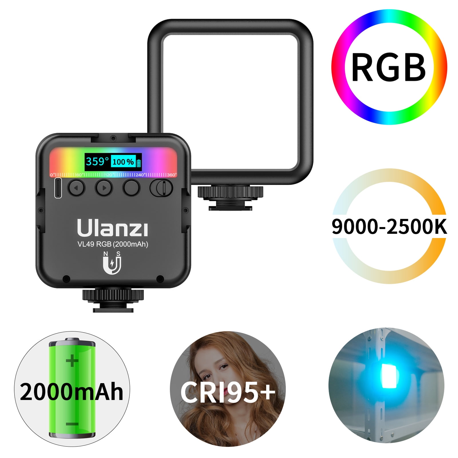 ulanzi VL49 RGB Pocket LED Video Light Photography Fill Light 2500K-9000K Dimmable CRI95+ Built-in Battery with Cold Shoe Mounts for Live   Broadcast Interview Portraits Weddings Photography