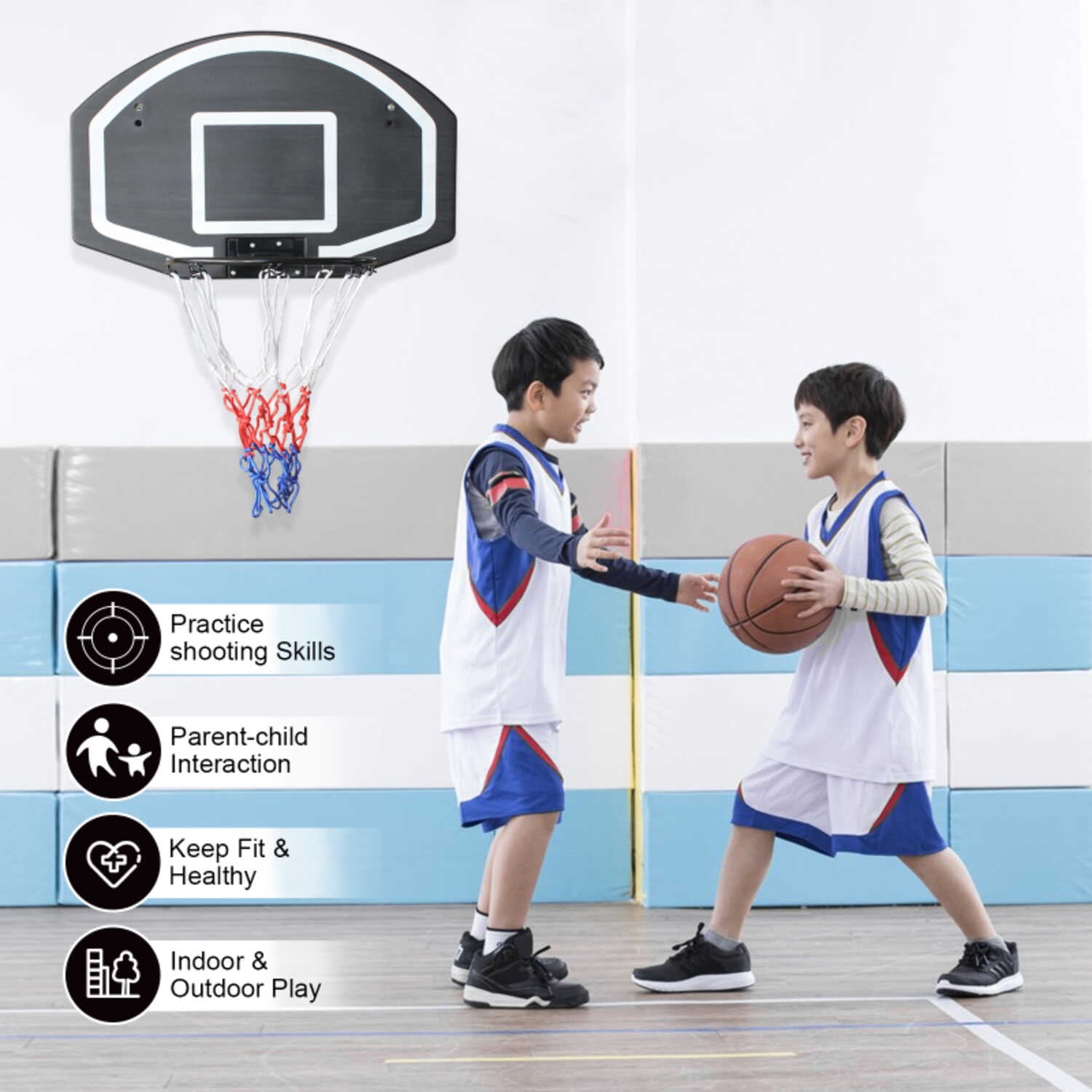 Wall-Mounted Basketball Hoop with Large 28.5"x18" Shatter-Proof Backboard