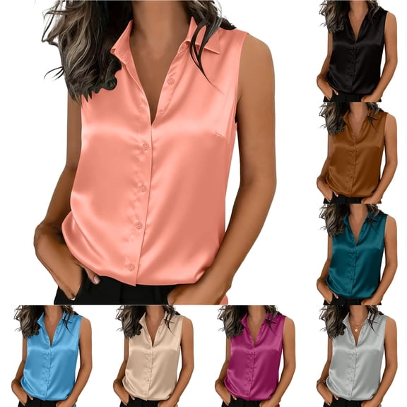 Otntypg Womens Silk Satin Sleeveless Button Down Shirts Blouses Solid Casual Loose Fit Dressy Collared V Neck Classic Tank Tops for Work Office Light Blue XL