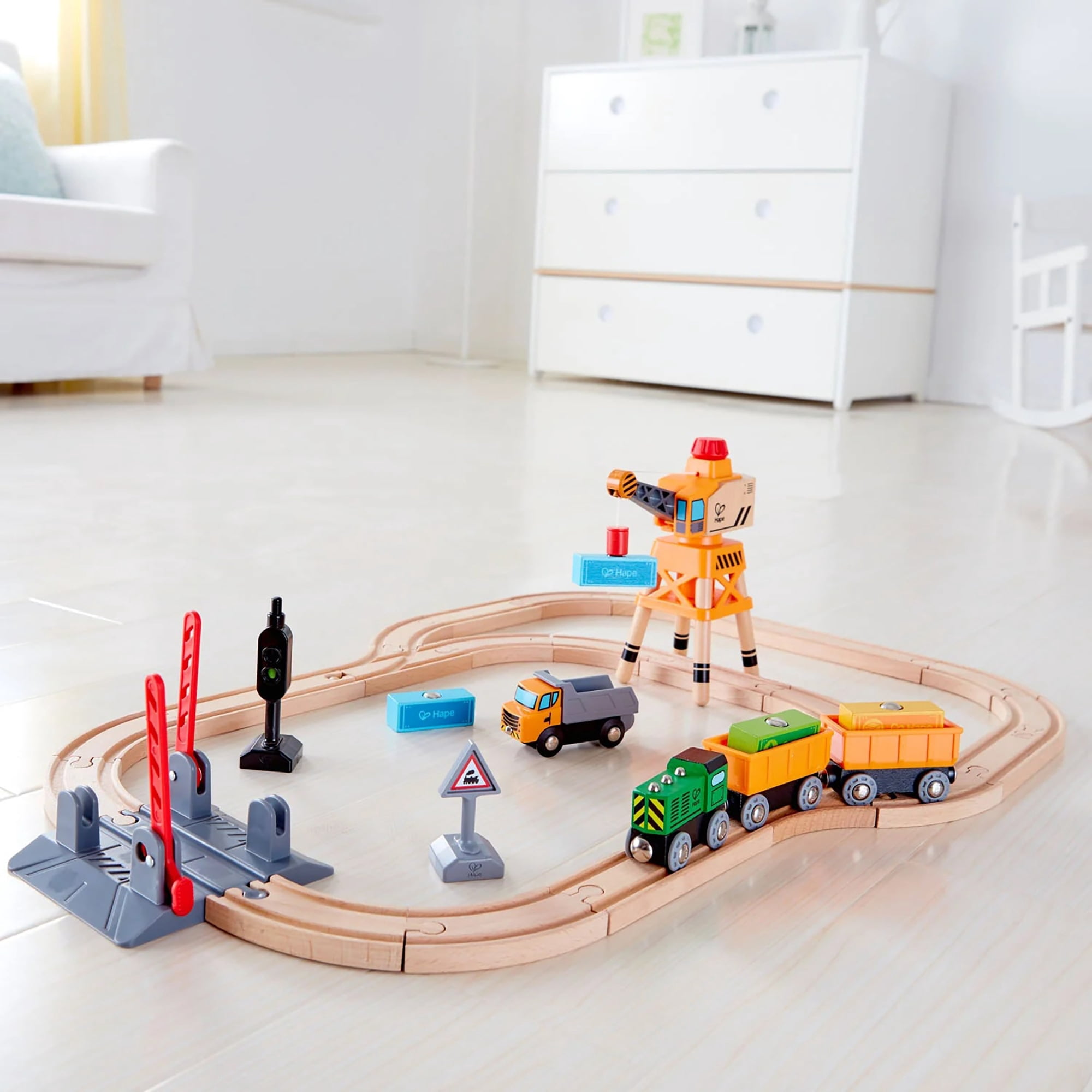 Hape: Crossing & Crane Set - 32pc Wooden Train Cargo Railroad Yard, Magnetic Linking Trains, Crane To Grab & Move Cargo, Accessories, Kids Ages 3+