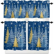 Navy Blue Christmas Trees Kitchen Curtains, Xmas Tree Snowflake 3-Piece Kitchen Curtain Valance and Tiers Set 36 Inch Length, Winter Rod Pocket Half Window Curtains for Cafe Living Room Bathroom
