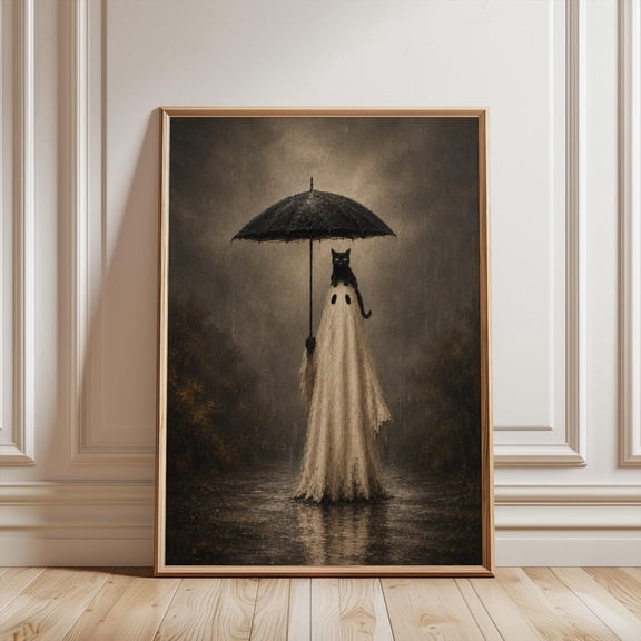 Ghost Cat Umbrella Halloween Wall Art Print