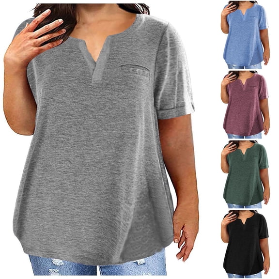 Towmus Plus Size Tops For Women Loose Casual Solid Color Pullover V Neck Short Sleeve Summer Tshirts Comfy Tees