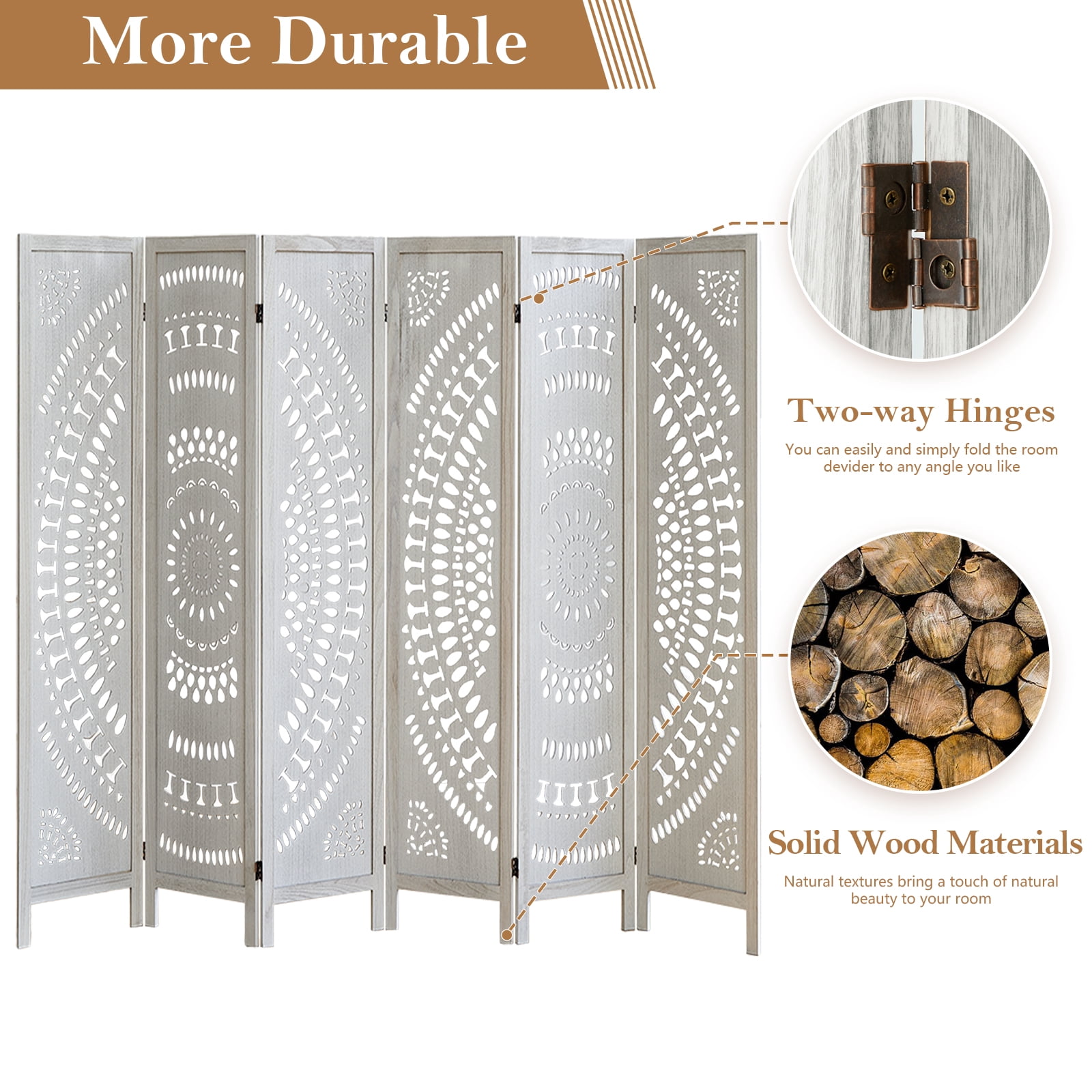Aletheiawu 6 Panel Wood Carved Boho Room Dividers and Folding Screens, Freestanding Partition Wall Dividers for Home Bedroom Office, White