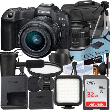 Canon EOS R8 Mirrorless Camera with RF 24-50mm Lens + SanDisk 32GB Memory Card + Case + LED Flash + ZeeTech Accessory Bundle (International Version)