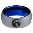 thumbnail image 2 of Tungsten Crescent Moon Howling Wolf Forest Trees Engraved Band Ring 8mm Men Women Comfort Fit Blue Dome Brushed Gray Polished, 2 of 4